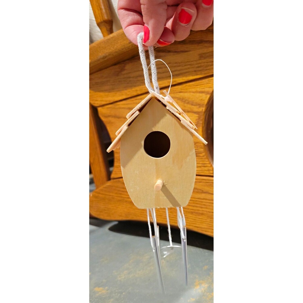 Set Of 8 Natural Rustic Hanging Wooden Bird House w/ Metal Wind Chimes, Small